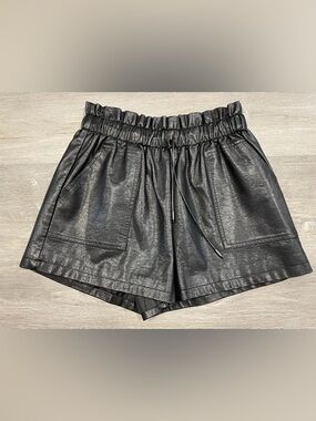 SCHHJZPJ Black Faux Leather High-Waisted Shorts with Pockets & Drawstring Size M